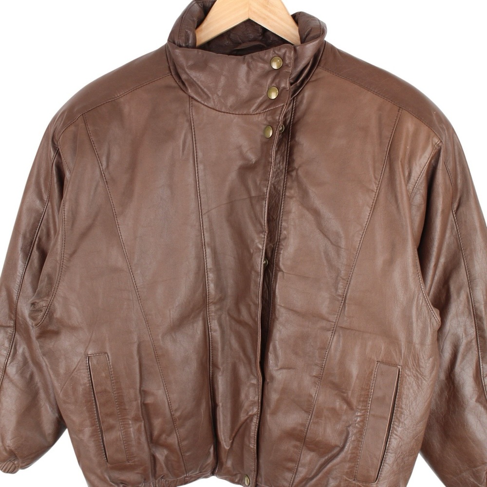 Vintage Eddie Bauer Leather Goose Down Bomber Jacket Brown Womens Medium - Picture 2 of 5
